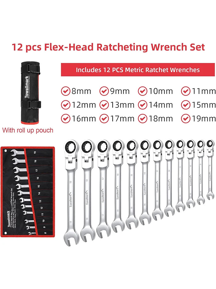 12 Flex Head Ratcheting Wrench Set 8 19mm CrV 72 Teeth Bag
