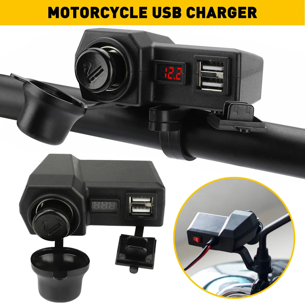Waterproof Motorcycle Handlebar Dual USB Charger Voltmeter