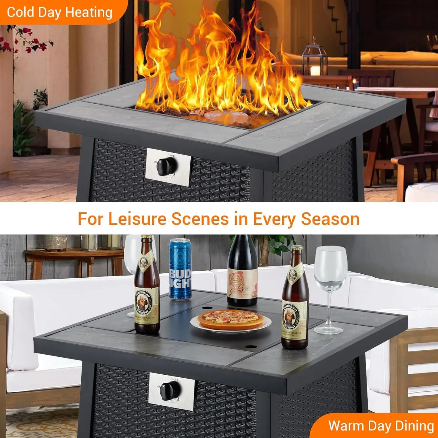28 Inch Outdoor Fire Pit Table 50000 BTU Propane Fire Pit with Rain Cover Glass Stones and Lid Wicker Gas Fire Pit for Patio and Garden