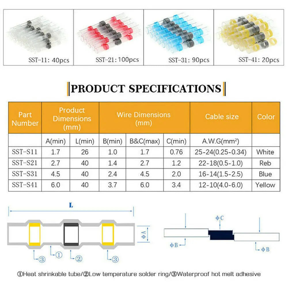 Heat Shrink Solder Seal Sleeve Terminals 250Pcs Connectors