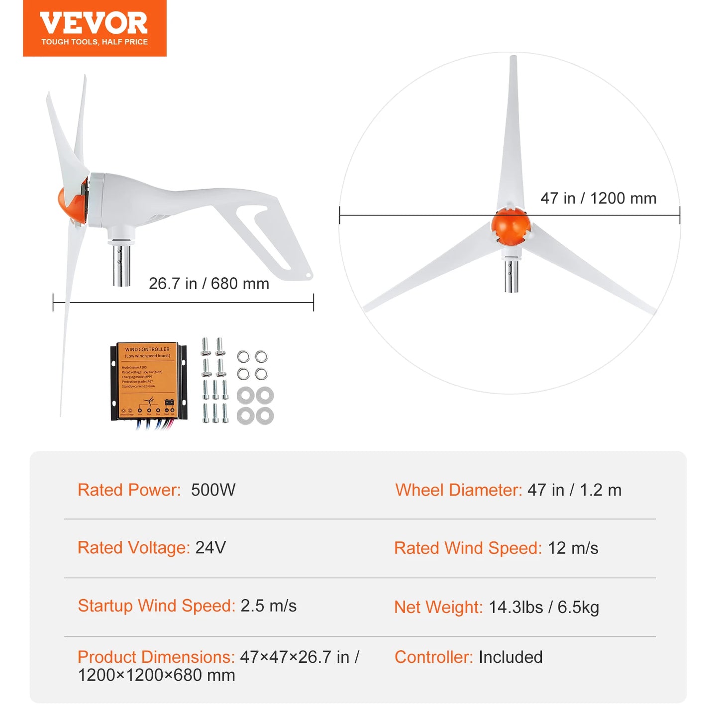 SucceBuy 500W Wind Turbine Generator 24V 3-Blade Wind Power Kit with Controller 2.5m/s Start Wind Speed