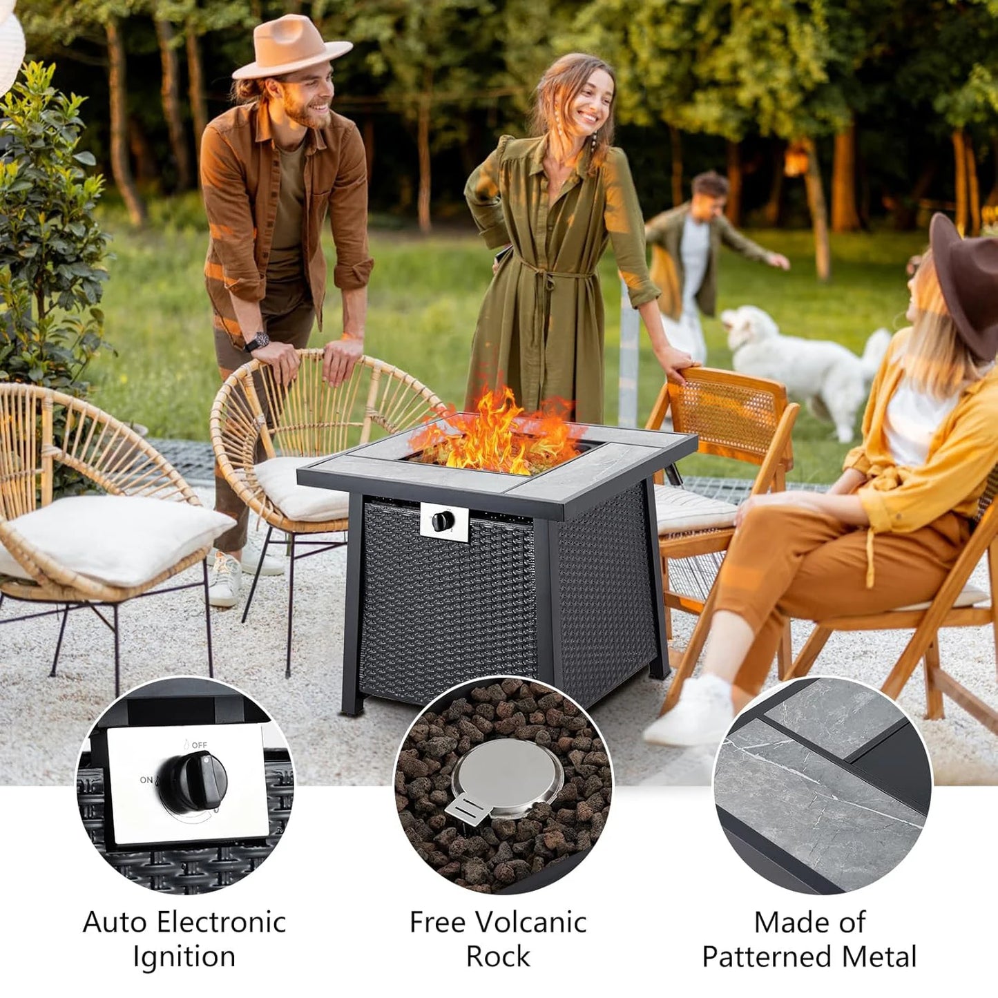 28 Inch Outdoor Fire Pit Table 50000 BTU Propane Fire Pit with Rain Cover Glass Stones and Lid Wicker Gas Fire Pit for Patio and Garden