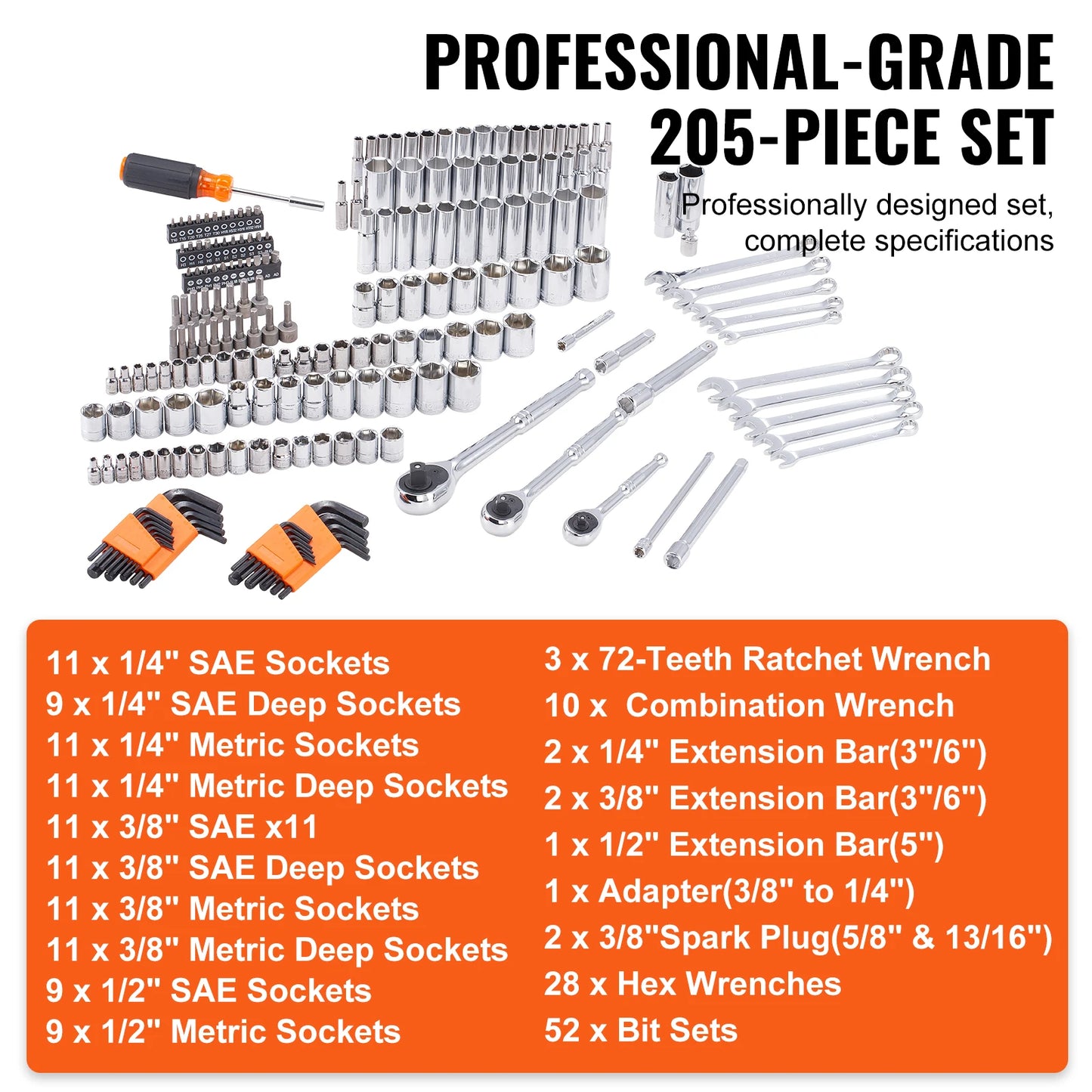 SucceBuy Mechanics Tool Set and Socket Set Deep and Standard Sockets 145 Pcs 205 Pcs SAE and Metric Mechanic Tool Kit with Bits