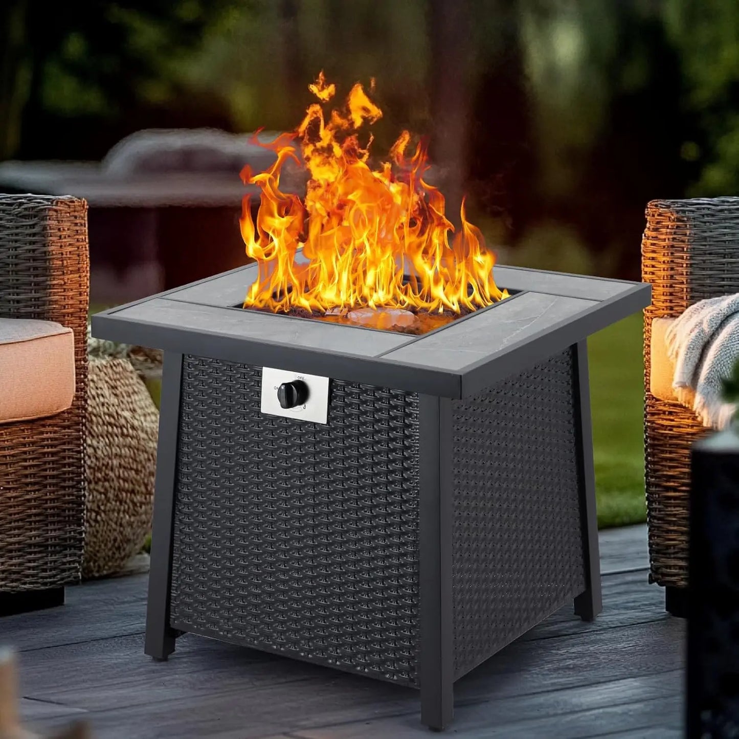 28 Inch Outdoor Fire Pit Table 50000 BTU Propane Fire Pit with Rain Cover Glass Stones and Lid Wicker Gas Fire Pit for Patio and Garden