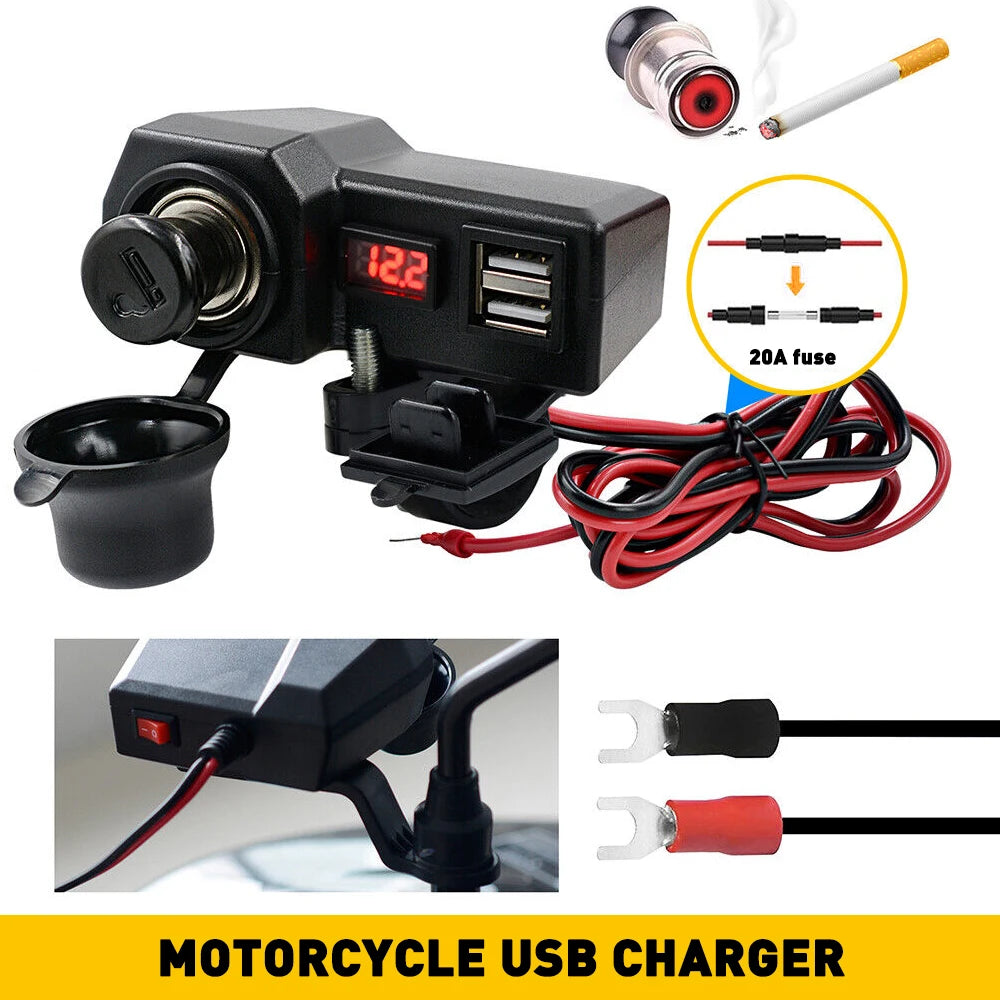 Waterproof Motorcycle Handlebar Dual USB Charger Voltmeter