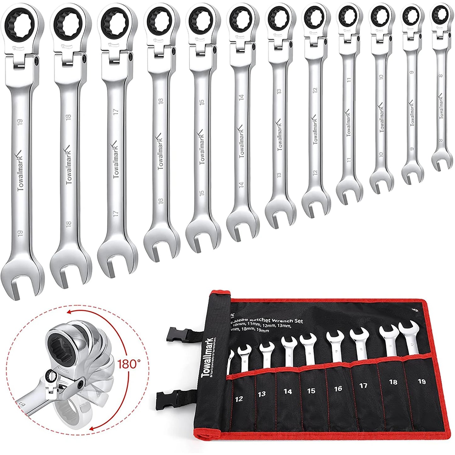 12 Flex Head Ratcheting Wrench Set 8 19mm CrV 72 Teeth Bag
