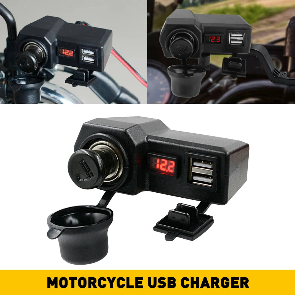 Waterproof Motorcycle Handlebar Dual USB Charger Voltmeter