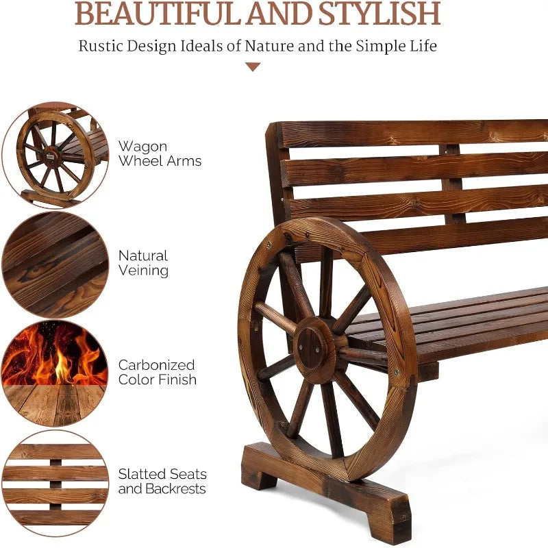 41" Rustic Wooden Wheel Bench Outdoor Bench for 2 People