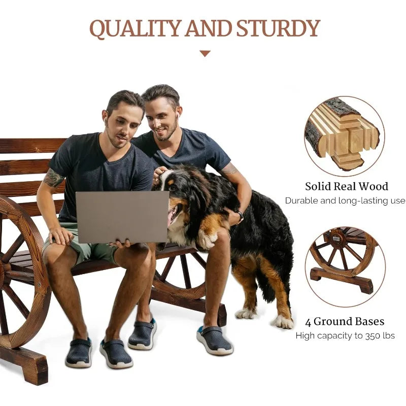 41" Rustic Wooden Wheel Bench Outdoor Bench for 2 People