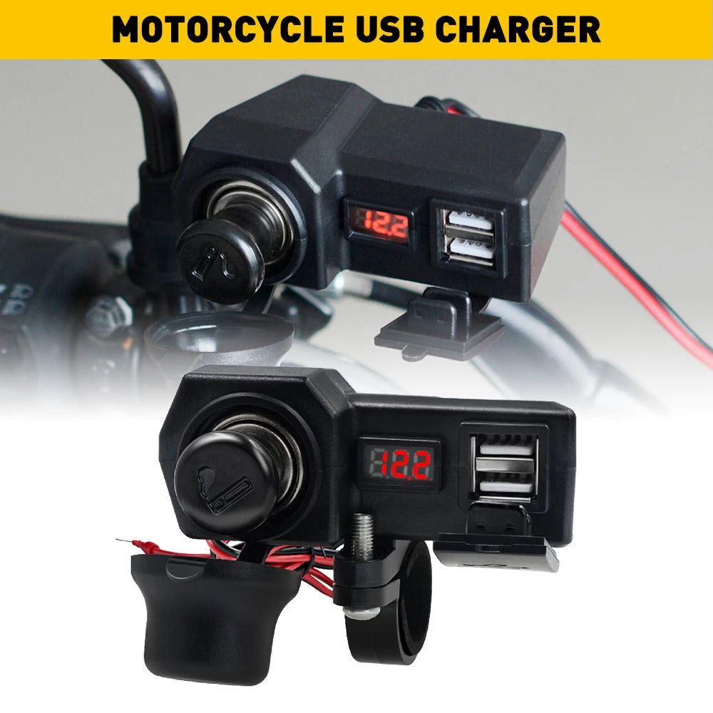 Waterproof Motorcycle Handlebar Dual USB Charger Voltmeter