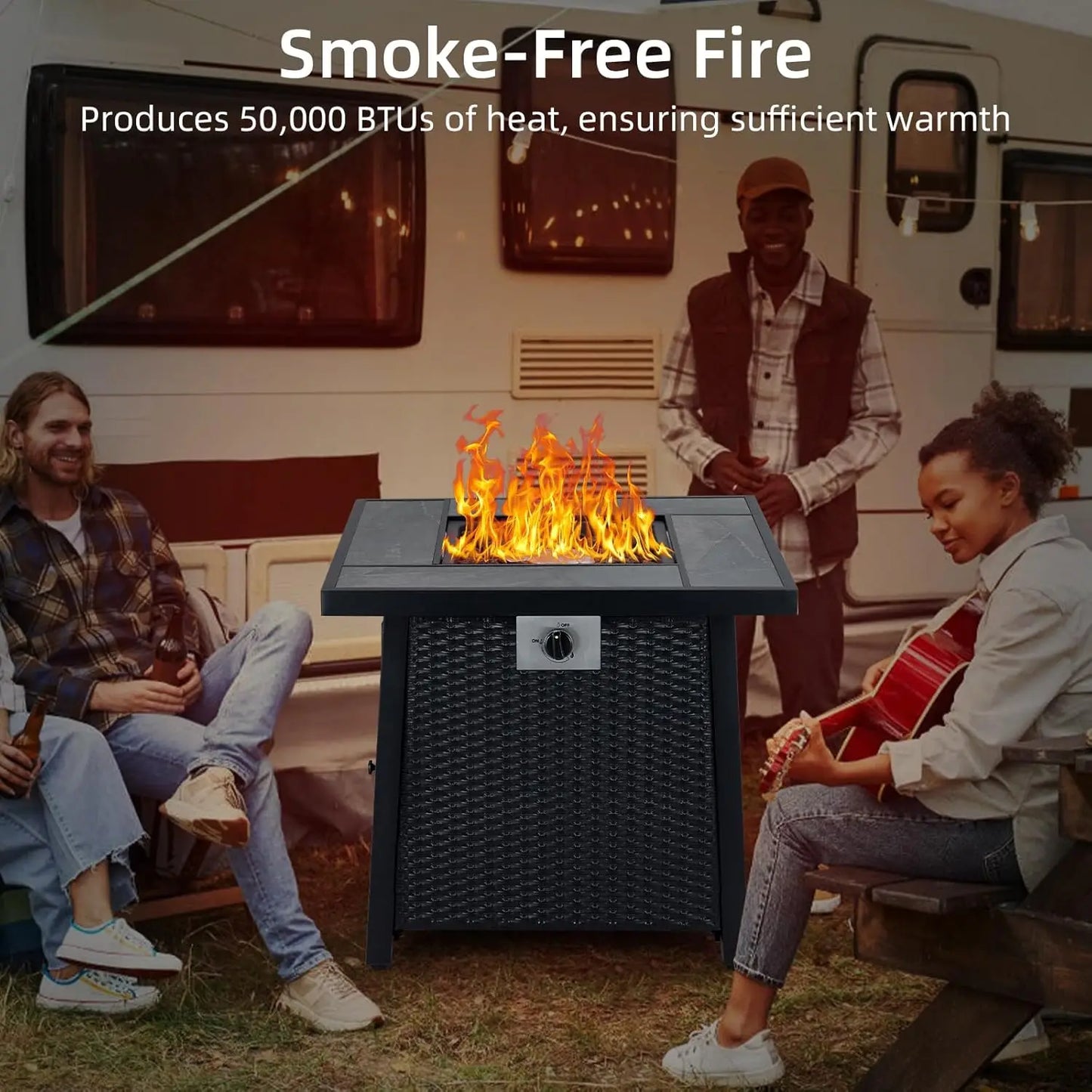 28 Inch Outdoor Fire Pit Table 50000 BTU Propane Fire Pit with Rain Cover Glass Stones and Lid Wicker Gas Fire Pit for Patio and Garden