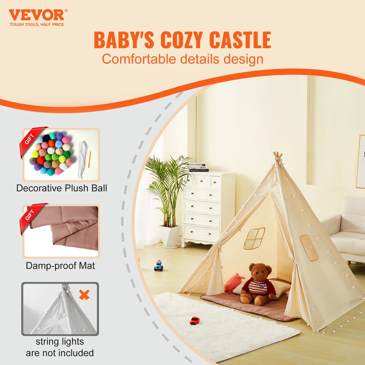Vevor Kids Play Tent Teepee Tent for Indoor and Outdoor Use with Windows for Ages 1 to 5 Years