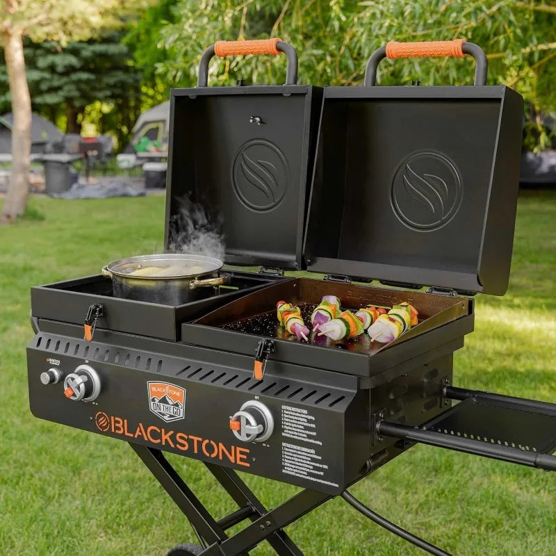 Go Combo Portable BBQ Griddle Grill Station with Wheels Legs Hood and Side Shelf Heavy Duty Flat Top for Kitchen Camping and Outdoor Use