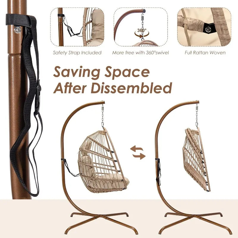 Home Hanging Egg Chair with Stand Outdoor Swinging Chair 350lbs Capacity Beige