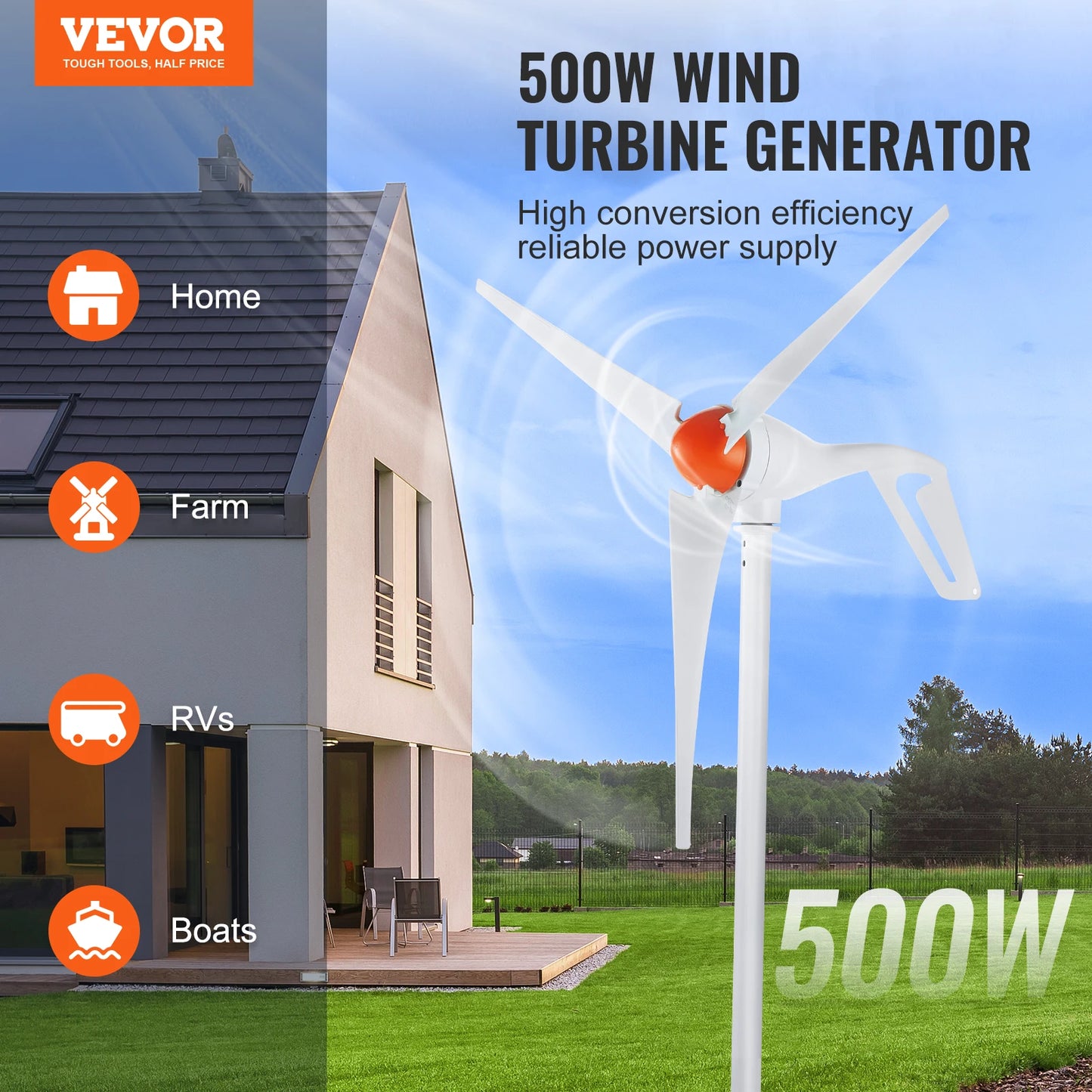 SucceBuy 500W Wind Turbine Generator 24V 3-Blade Wind Power Kit with Controller 2.5m/s Start Wind Speed