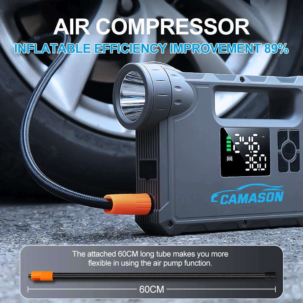 Portable Air Compressor Tire Inflator Car Motorcycle Bicycle Pump Mattress Balloon Jump Starter Flashlight Power Bank