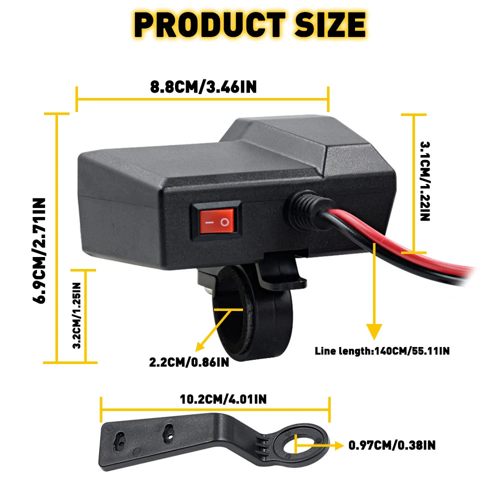 Waterproof Motorcycle Handlebar Dual USB Charger Voltmeter