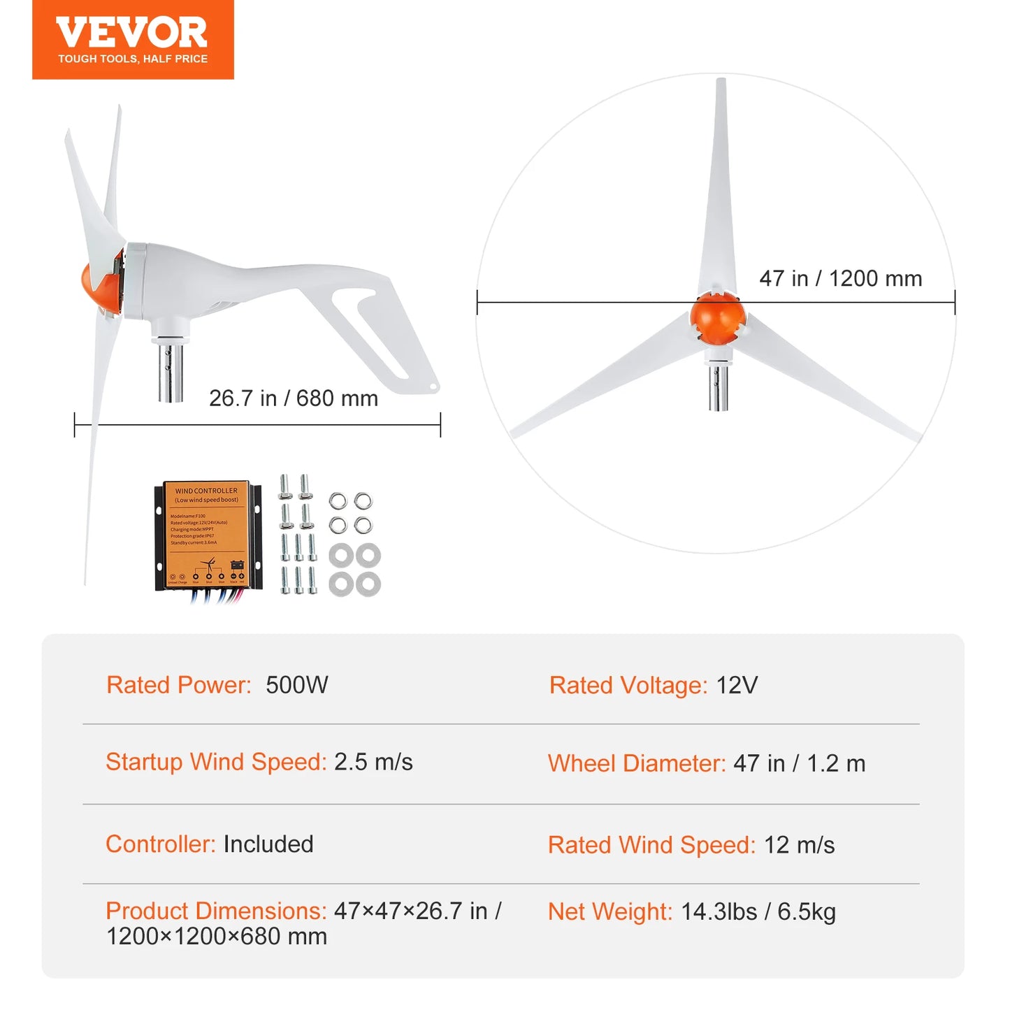 SucceBuy Wind Turbine Generator 12V 500W 800W Wind Turbine Kit Wind Power Generator with MPPT Controller for Home Farm