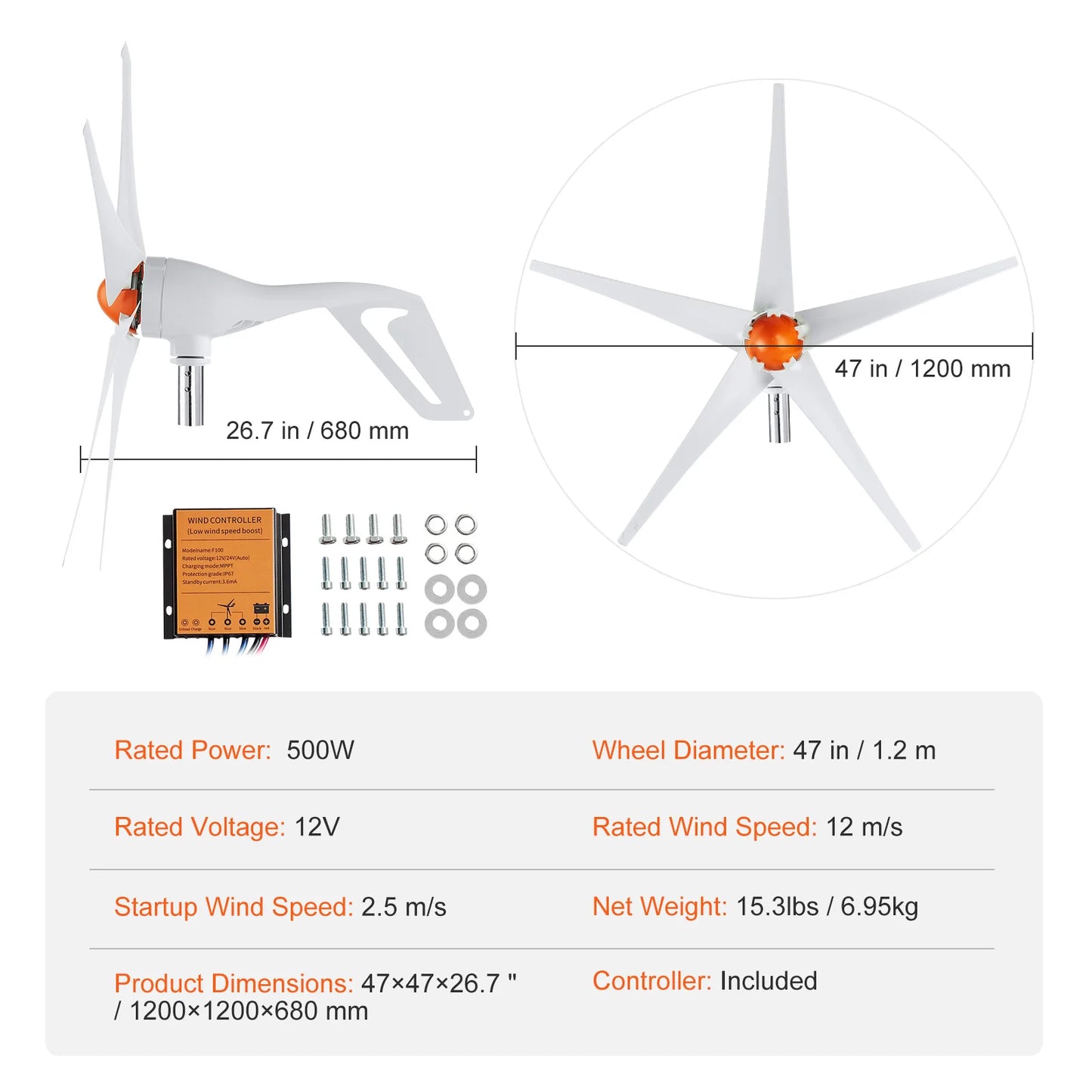 SucceBuy Wind Turbine Generator 12V 500W 800W Wind Turbine Kit Wind Power Generator with MPPT Controller for Home Farm
