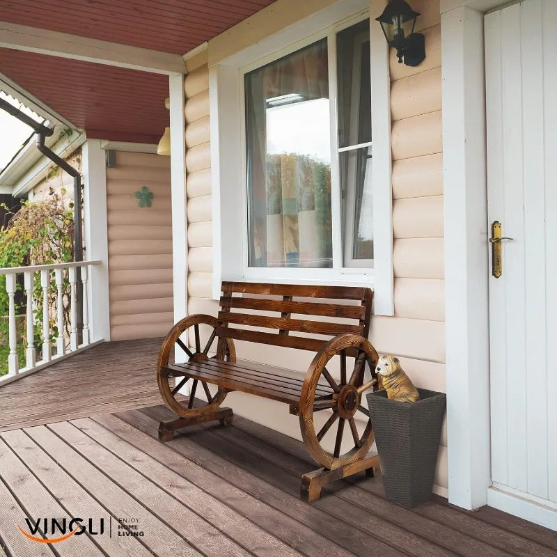 41" Rustic Wooden Wheel Bench Outdoor Bench for 2 People