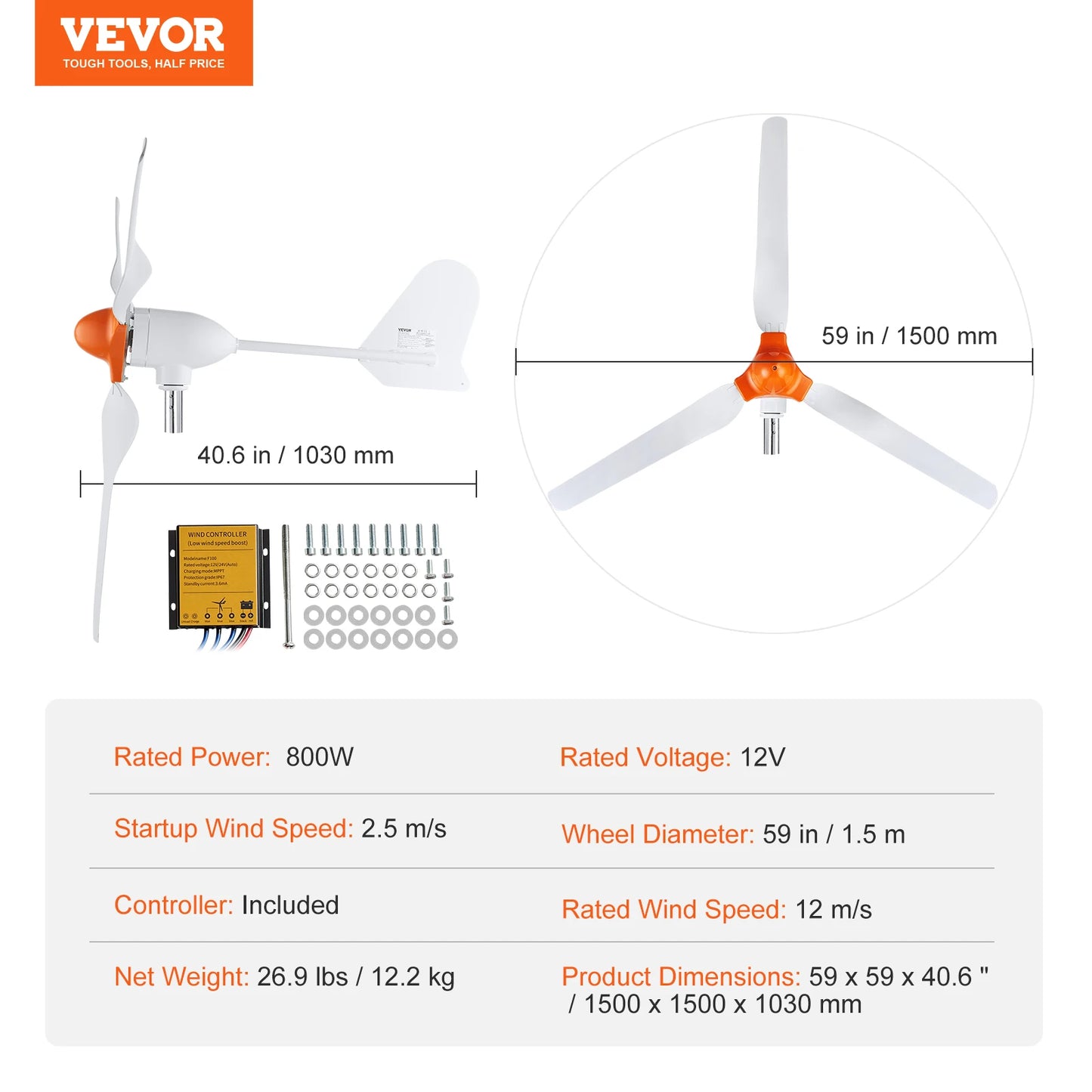 SucceBuy Wind Turbine Generator 12V 500W 800W Wind Turbine Kit Wind Power Generator with MPPT Controller for Home Farm