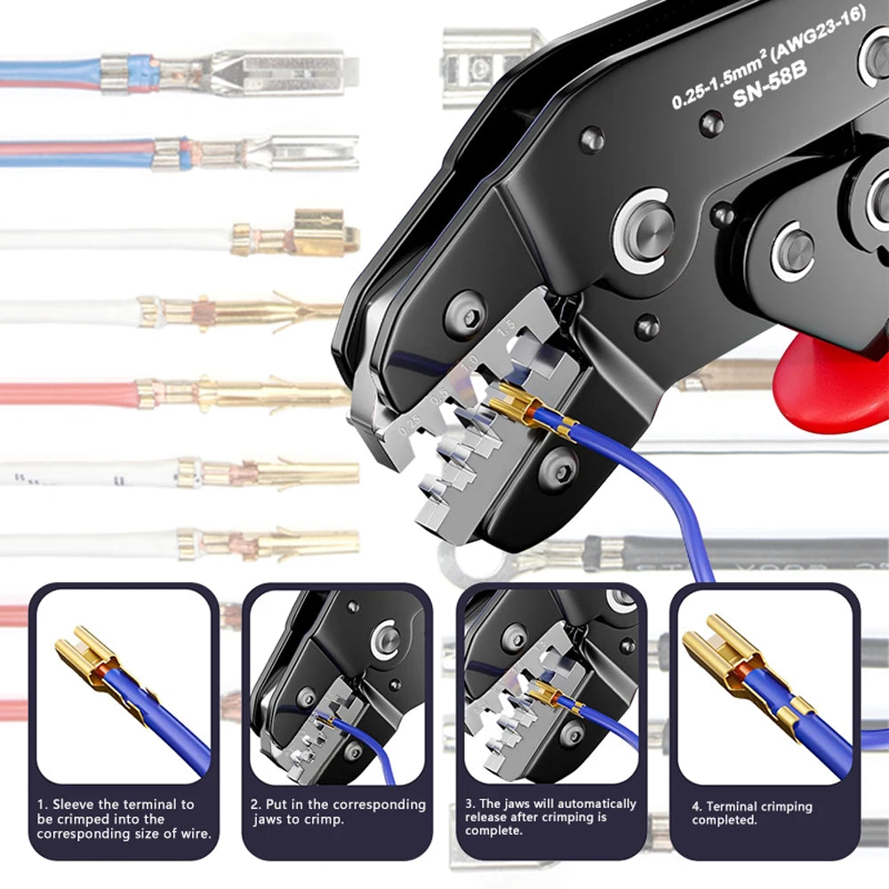 Ratcheting Crimping Tool Set for Dupont JST MOLEX Open Barrel Dupont Molex JST TE Terminals and EPC PCIE SATA Pins SN-58B