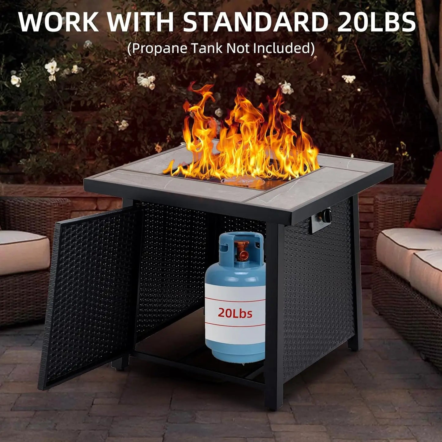 28 Inch Outdoor Fire Pit Table 50000 BTU Propane Fire Pit with Rain Cover Glass Stones and Lid Wicker Gas Fire Pit for Patio and Garden