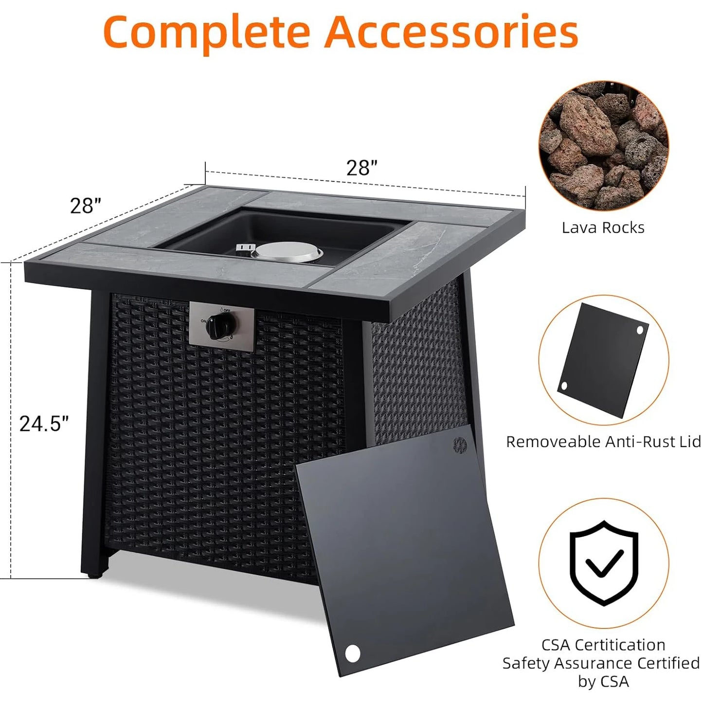 28 Inch Outdoor Fire Pit Table 50000 BTU Propane Fire Pit with Rain Cover Glass Stones and Lid Wicker Gas Fire Pit for Patio and Garden