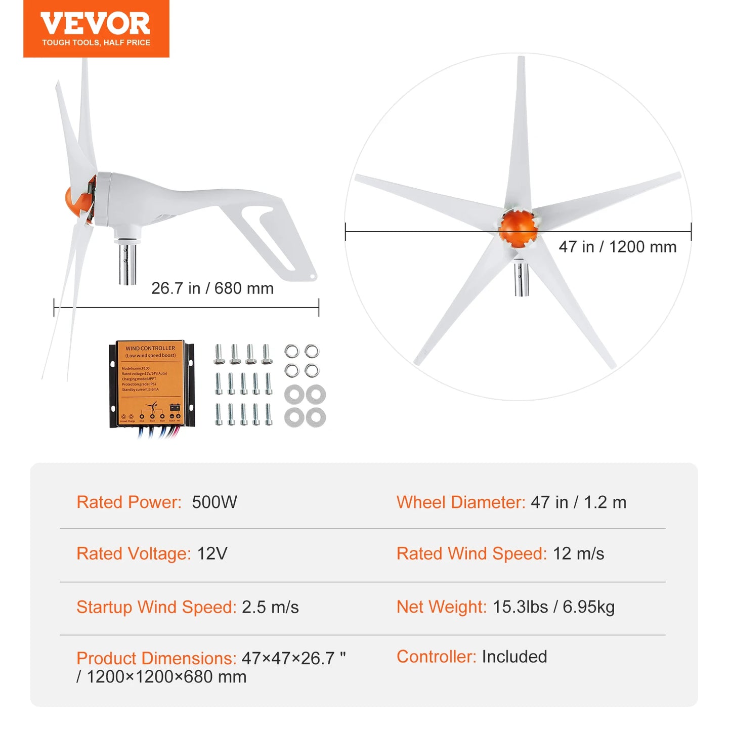 SucceBuy Wind Turbine Generator 12V 500W 800W Wind Turbine Kit Wind Power Generator with MPPT Controller for Home Farm