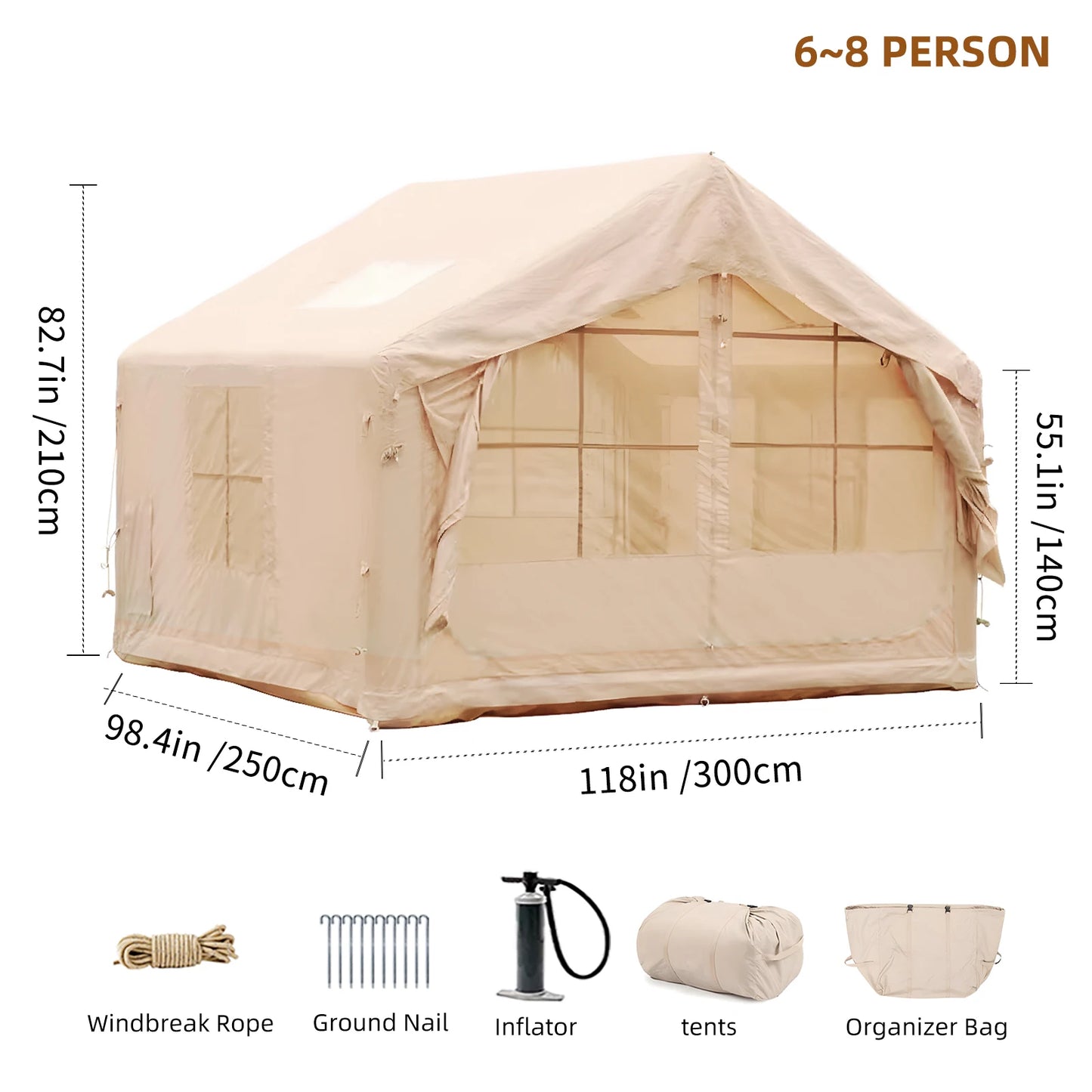 Inflatable Tent for Camping - 6-8 Person Ultra-Quick Setup Blow Up Tent 80.73 Sq Ft 4 Season with Stove