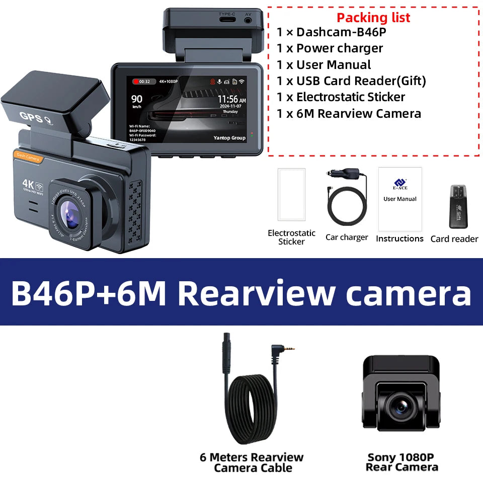 4K Dash Cam Car DVR Support WIFI GPS 4K Front 1080P Rear