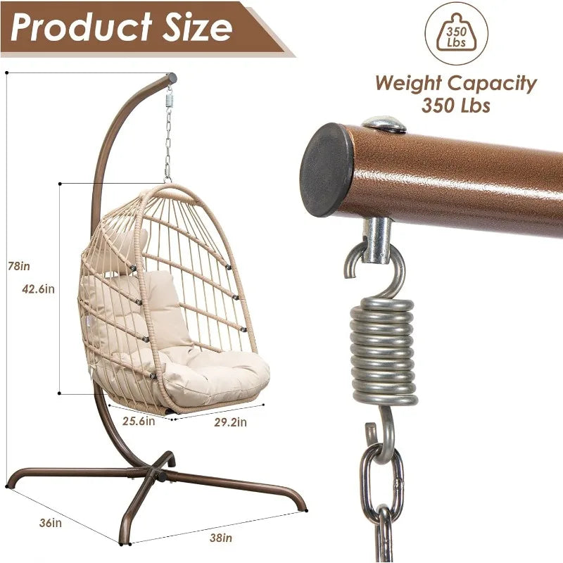 Home Hanging Egg Chair with Stand Outdoor Swinging Chair 350lbs Capacity Beige