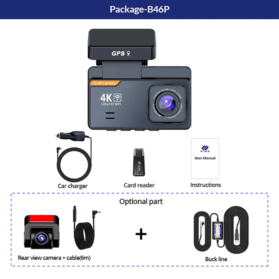 4K Dash Cam Car DVR Support WIFI GPS 4K Front 1080P Rear