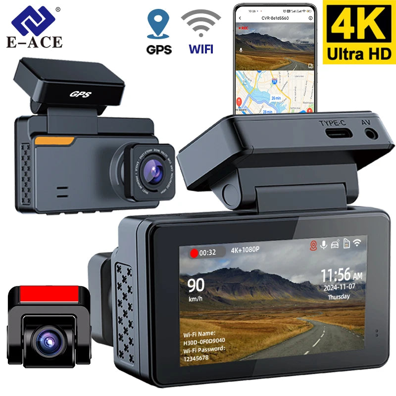 4K Dash Cam Car DVR Support WIFI GPS 4K Front 1080P Rear