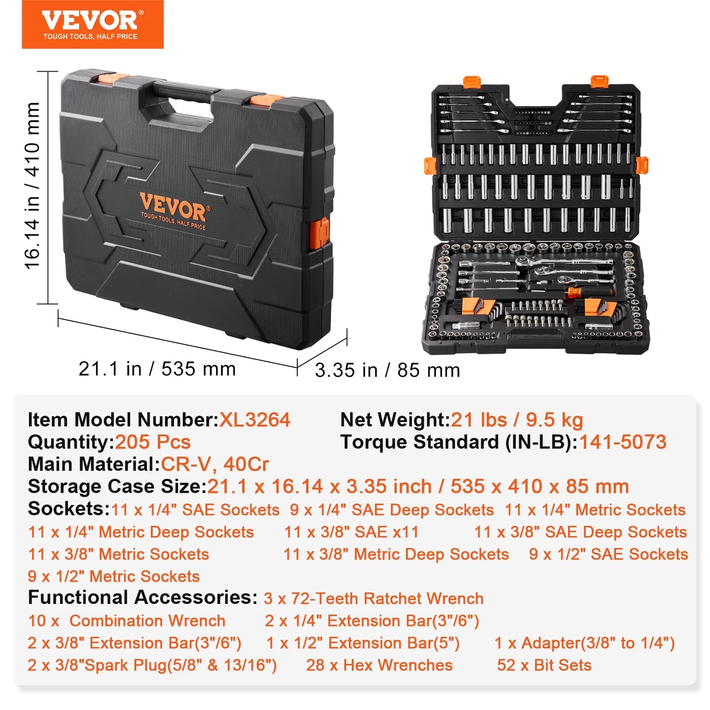 SucceBuy Mechanics Tool Set and Socket Set Deep and Standard Sockets 145 Pcs 205 Pcs SAE and Metric Mechanic Tool Kit with Bits