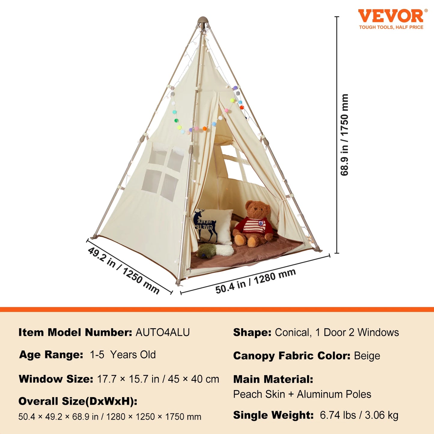 Vevor Kids Play Tent Teepee Tent for Indoor and Outdoor Use with Windows for Ages 1 to 5 Years