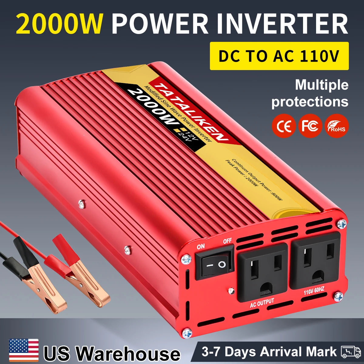 US Socket Inverters 12V 60HZ 110V 600W 1500W 2000W 2500W Portable Vehicle-Mounted Frequency Converter