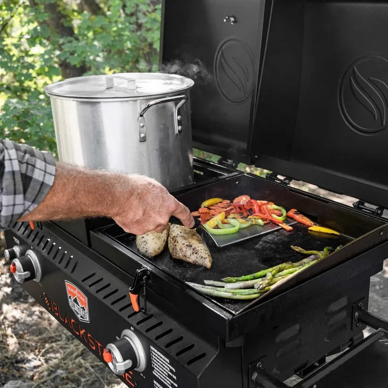 Go Combo Portable BBQ Griddle Grill Station with Wheels Legs Hood and Side Shelf Heavy Duty Flat Top for Kitchen Camping and Outdoor Use