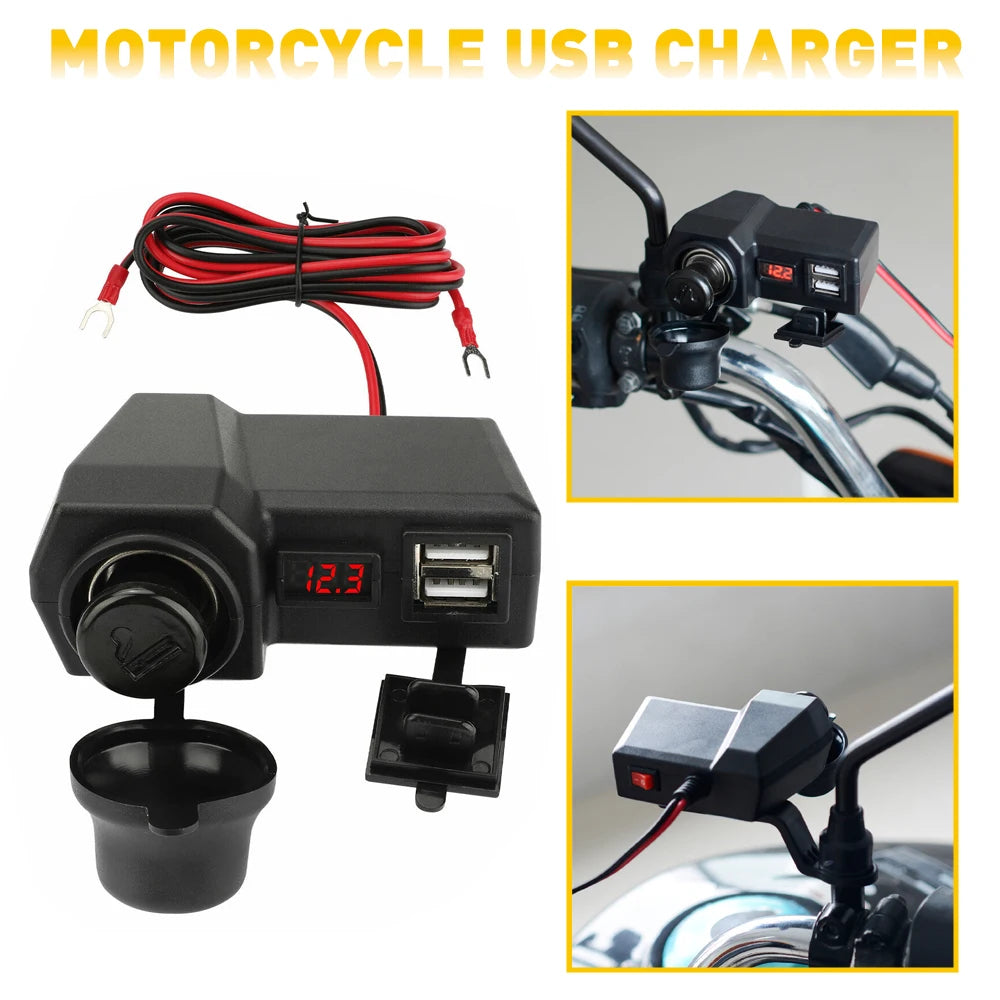 Waterproof Motorcycle Handlebar Dual USB Charger Voltmeter