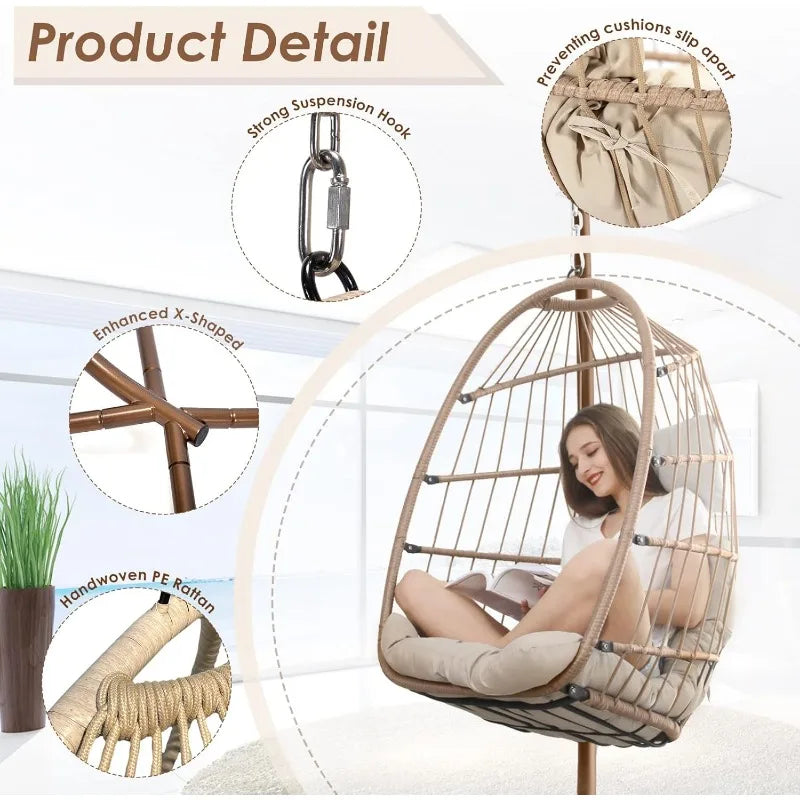Home Hanging Egg Chair with Stand Outdoor Swinging Chair 350lbs Capacity Beige