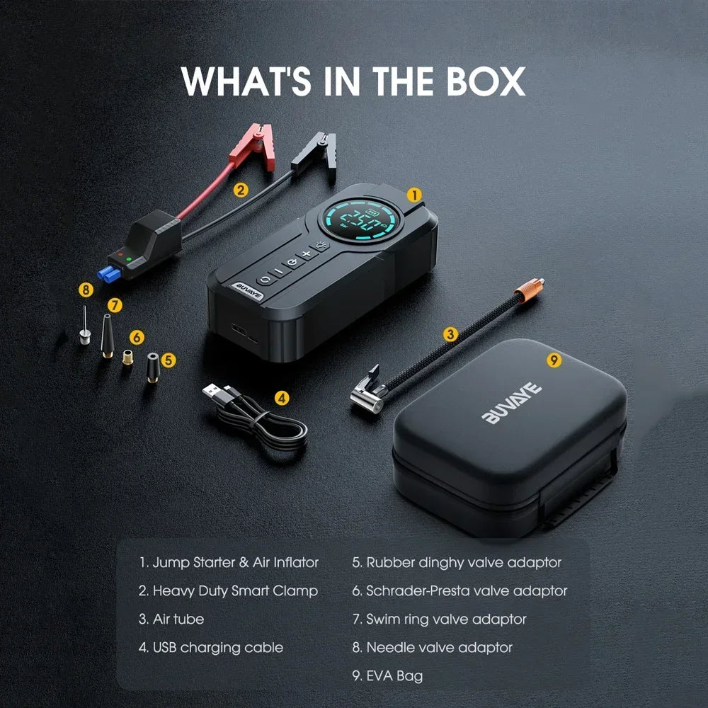 BUVAYE Car Jump Starter Portable Air Pump And Tire Inflator
