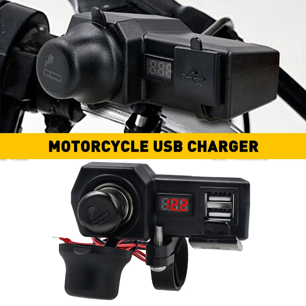 Waterproof Motorcycle Handlebar Dual USB Charger Voltmeter