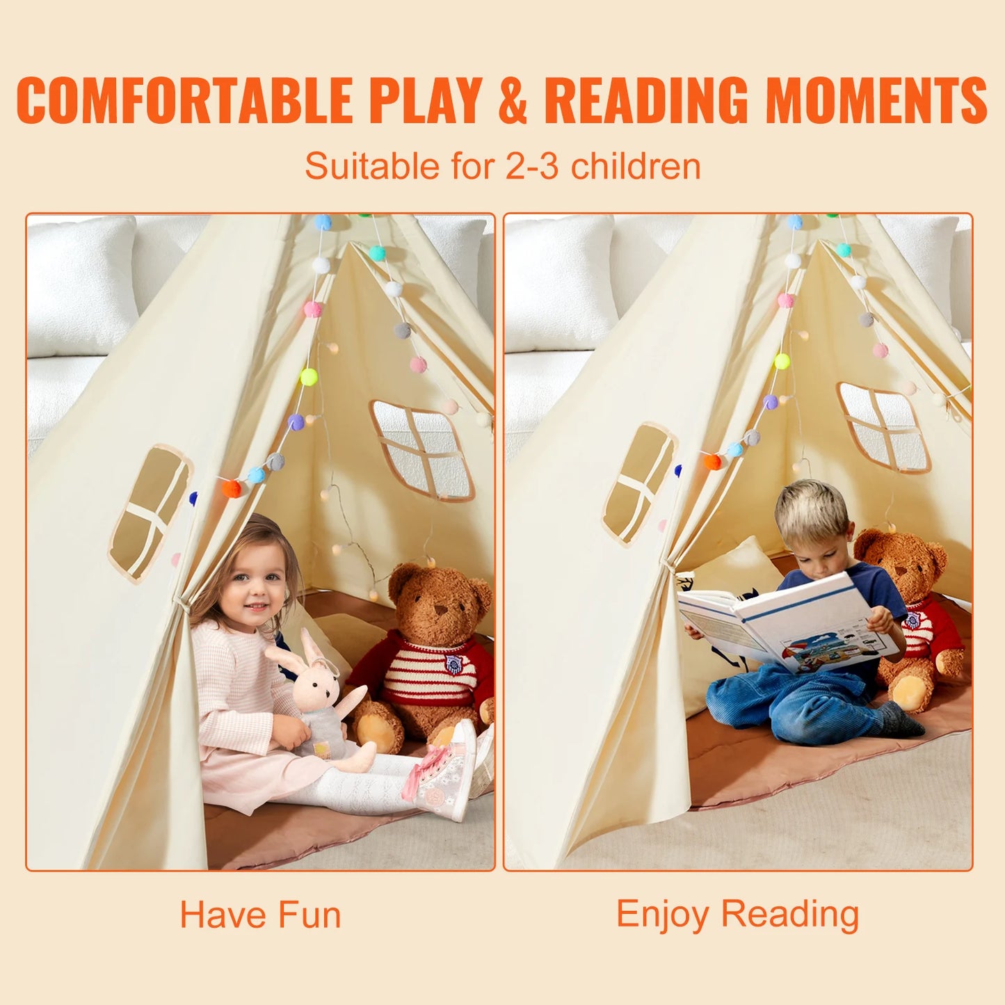 Vevor Kids Play Tent Teepee Tent for Indoor and Outdoor Use with Windows for Ages 1 to 5 Years