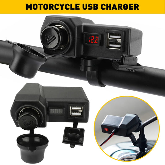 Waterproof Motorcycle Handlebar Dual USB Charger Voltmeter