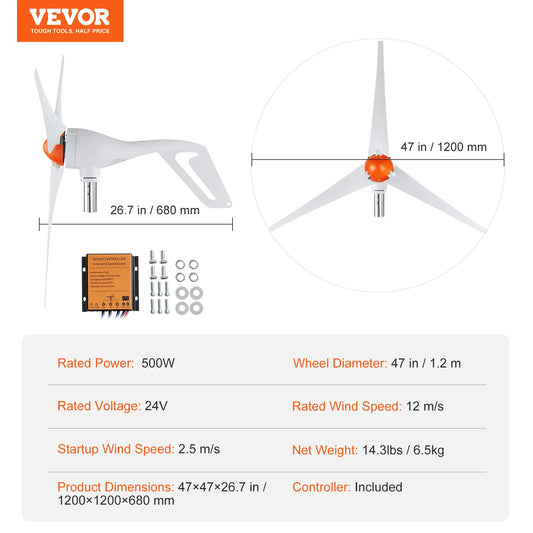 SucceBuy 500W Wind Turbine Generator 24V 3-Blade Wind Power Kit with Controller 2.5m/s Start Wind Speed