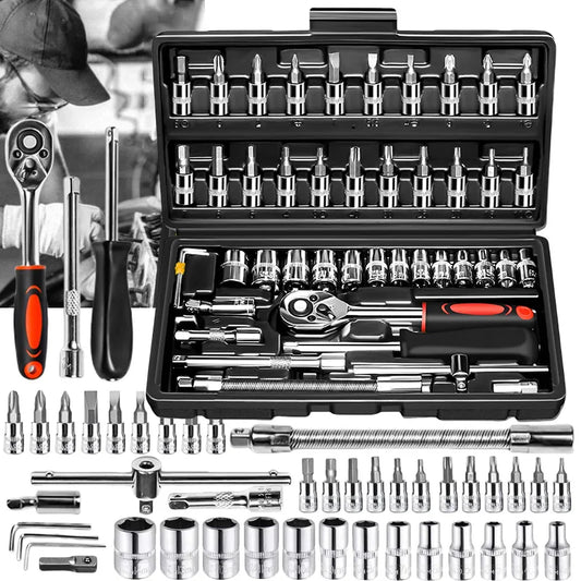 46 Piece Drive Socket Set Ratchet Wrench Set Car Tool Kit Bit Socket Wrench Set Metric Mechanic Tool Set