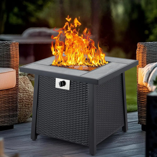 28 Inch Outdoor Fire Pit Table 50000 BTU Propane Fire Pit with Rain Cover Glass Stones and Lid Wicker Gas Fire Pit for Patio and Garden