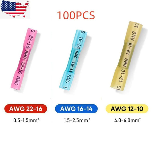 100 Piece Heat Shrink Butt Connectors Kit Crimp Terminals