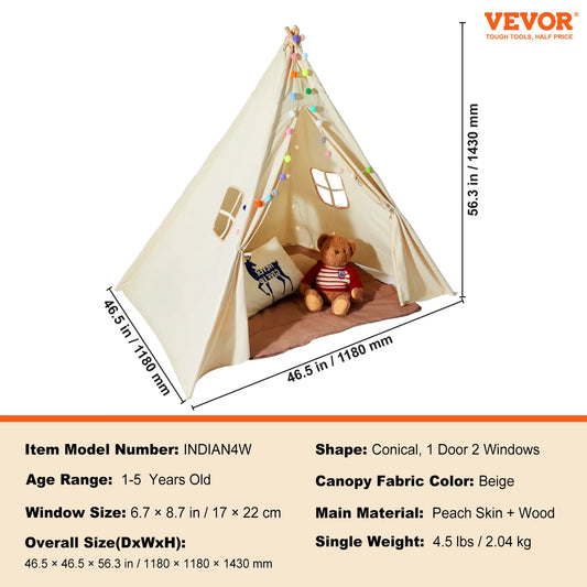 Vevor Kids Play Tent Teepee Tent for Indoor and Outdoor Use with Windows for Ages 1 to 5 Years