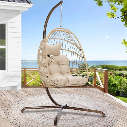 Home Hanging Egg Chair with Stand Outdoor Swinging Chair 350lbs Capacity Beige